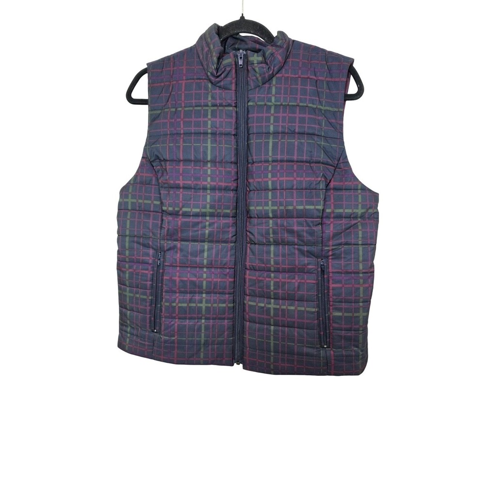 Ann Taylor Loft Women's Festival Plaid Puffer Sleeveless Vest High Neck Size L